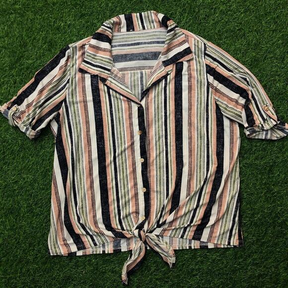Women's Striped Button Up Tie Front Blouse - Picture 1 of 3